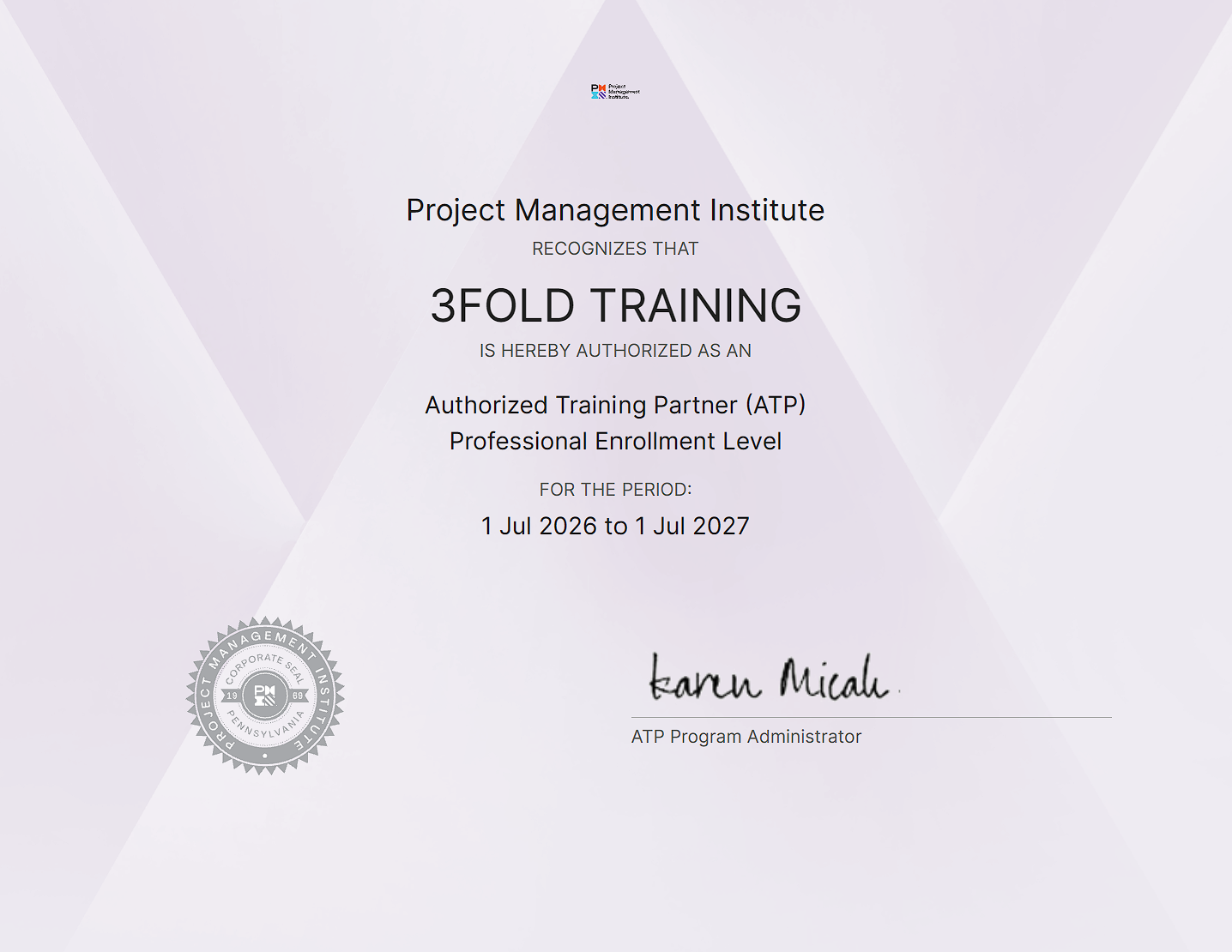 3FOLD Training's official PMI Authorized Training Partner (ATP) certificate